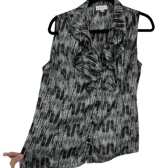 Tahari Silky Sleeveless Ruffle front Top size Large Black Multi Artsy Stripes - Picture 1 of 9